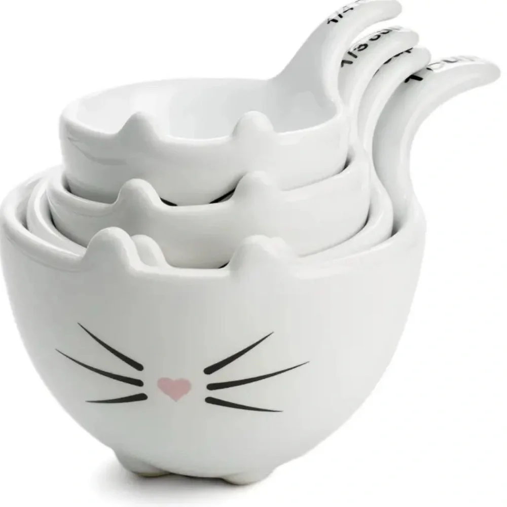 Cat Face Ceramic Measuring Cups - White
